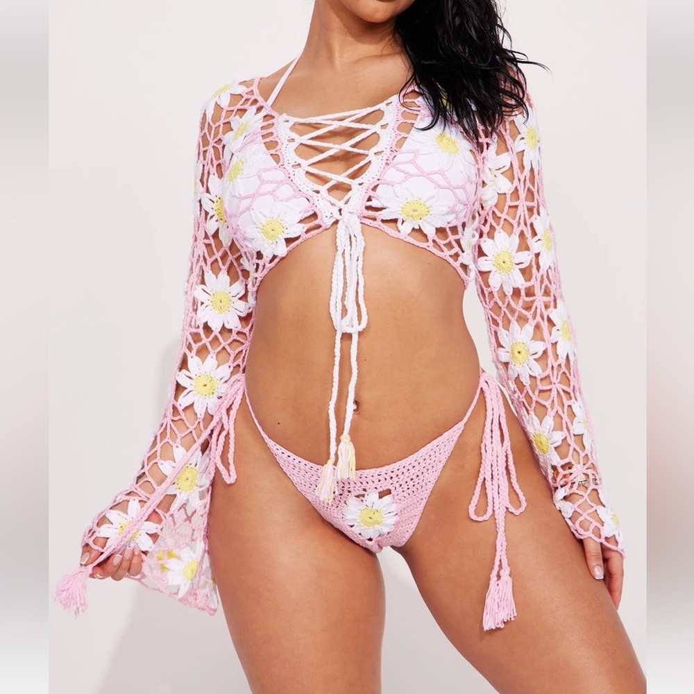 Pink, daisy crochet, bikini set